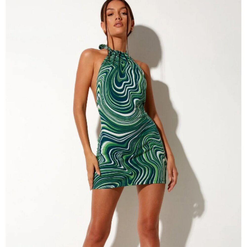 Motel Rocks Jessica Bodycon Dress in 70's Ripple Green